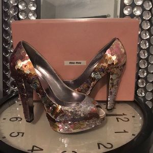 Stunning Miu Miu Platform Sequin Peep Toe Pumps!